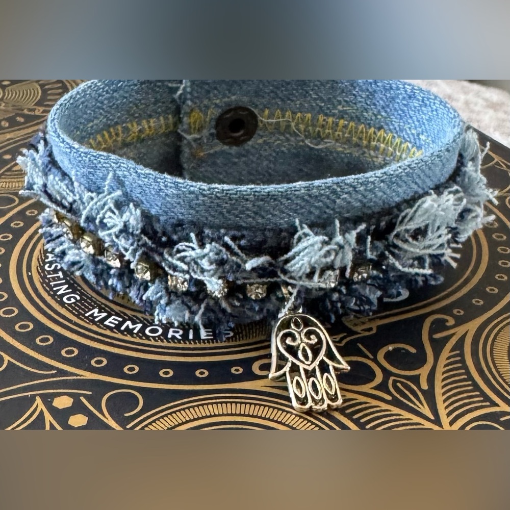 Frayed Denim Cuff Bracelet – 8.5” x 1” with Rhinestones & Hamsa Charm